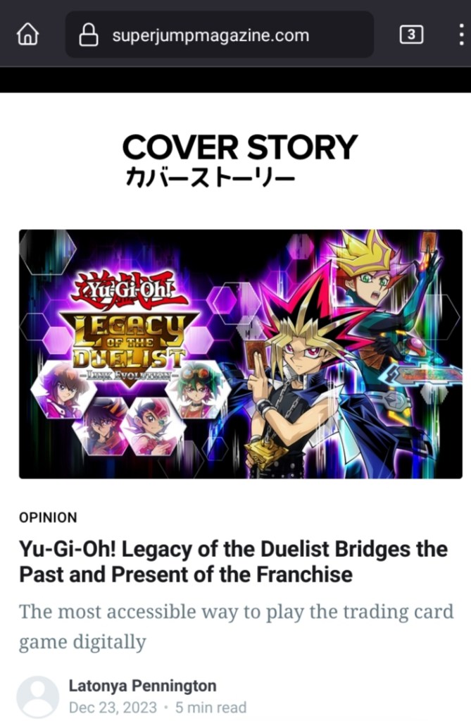 Image is a screenshot showing Superjump Magazine's "Cover Story" section with my Yugioh! Legacy of The Duelist essay, published December 23rd.